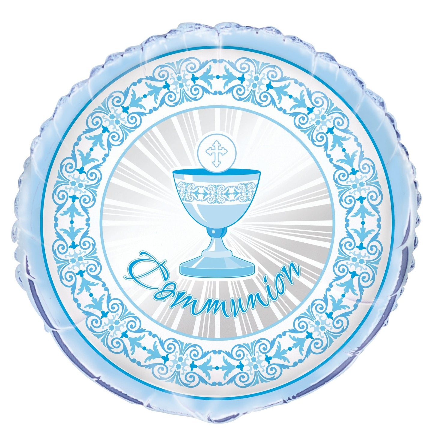 Blue Radiant Cross "Communion" Round Foil Balloon 18", Packaged