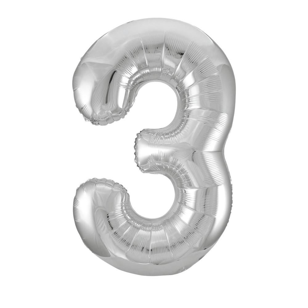 Silver Number 3 Shaped Foil Balloon 34", Packaged