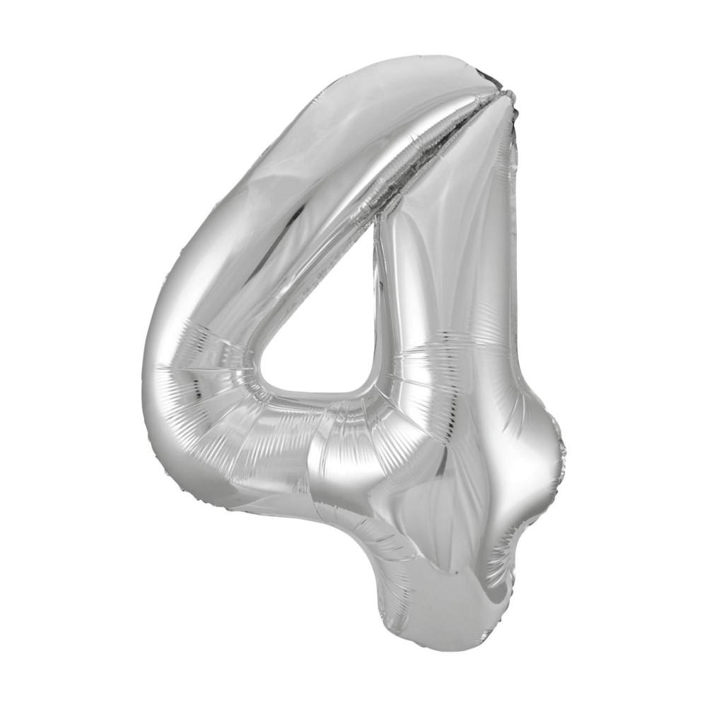 Silver Number 4 Shaped Foil Balloon 34", Packaged