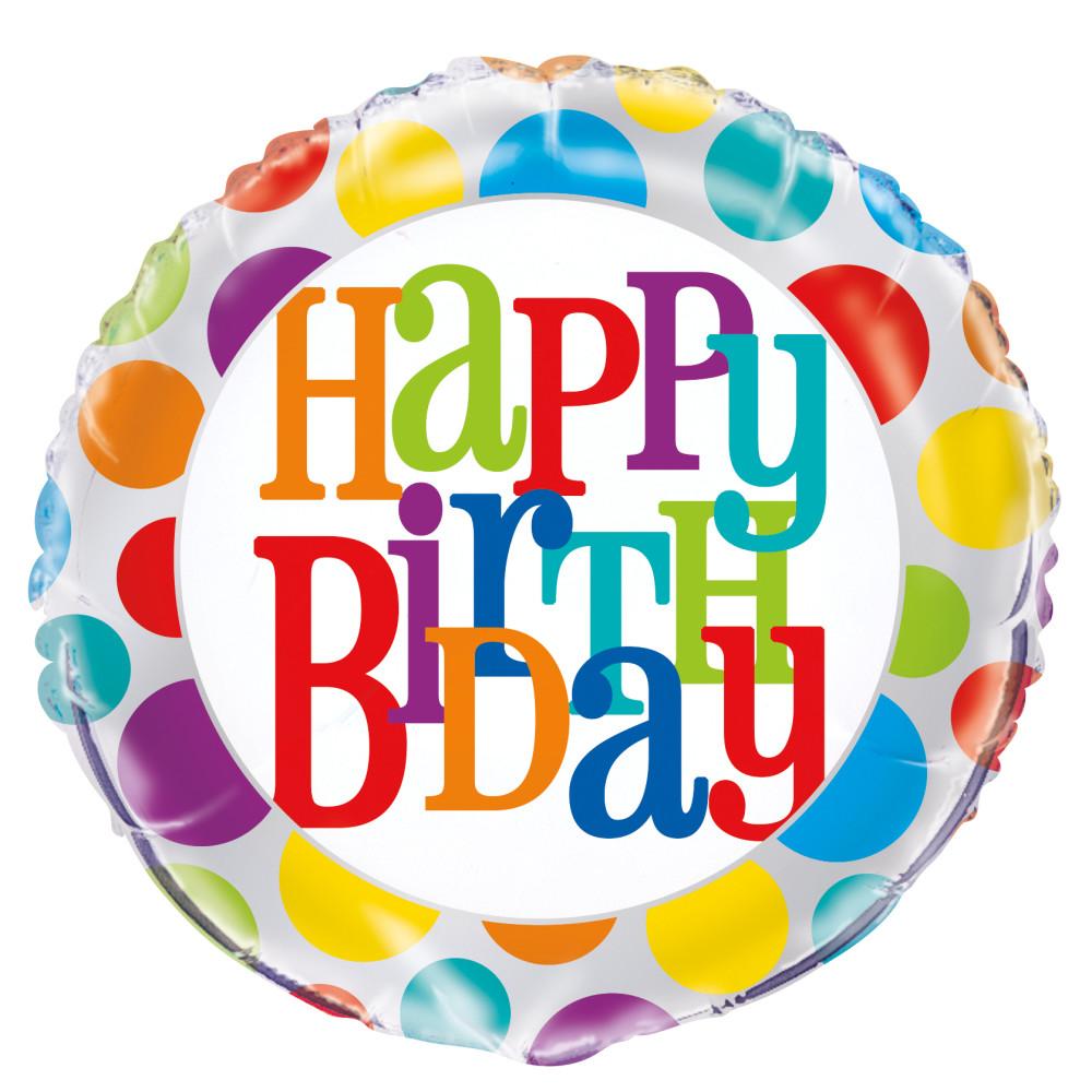 Rainbow Polka Dot Happy Birthday Round Foil Balloon, 18", Bulk