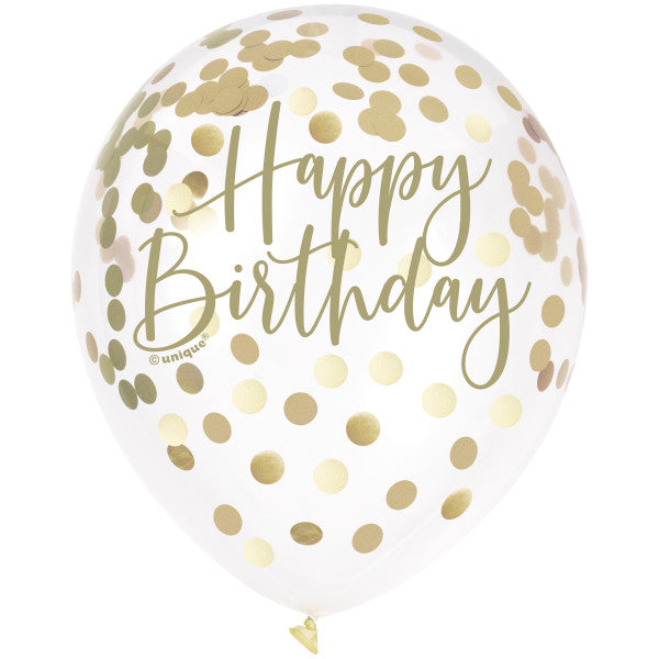 Gold Foil Confetti Filled "Happy Birthday" 12" Clear Latex Balloons, 6ct