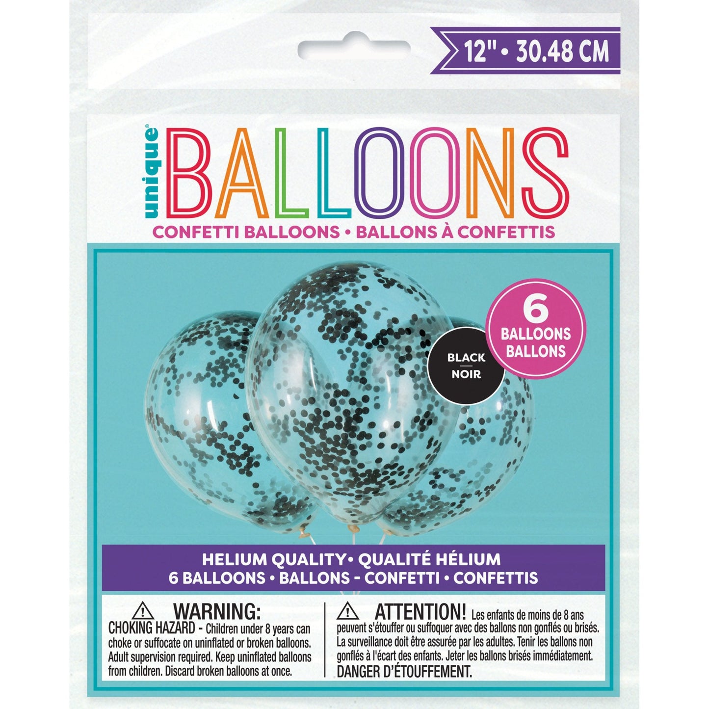 Clear Latex Balloons with Black Confetti 12", 6ct - Pre-Filled