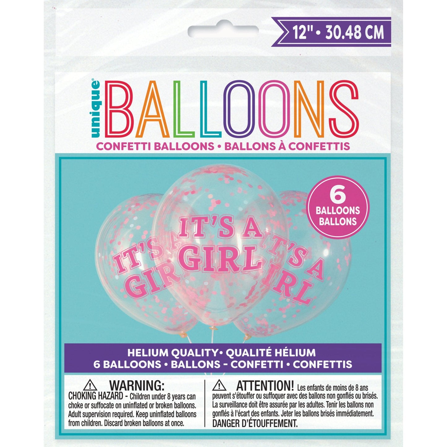 Girl Clear Latex Balloons with Pink Confetti 12", 6ct - Pre-Filled