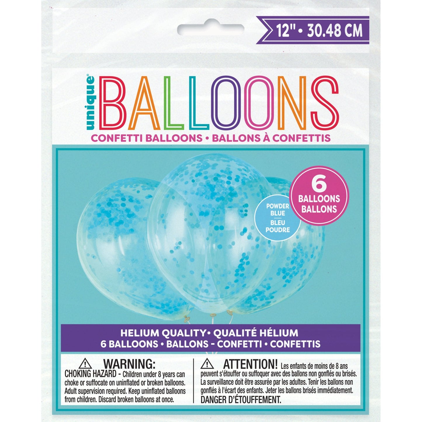 Clear Latex Balloons with Powder Blue Confetti 12", 6ct - Pre-Filled