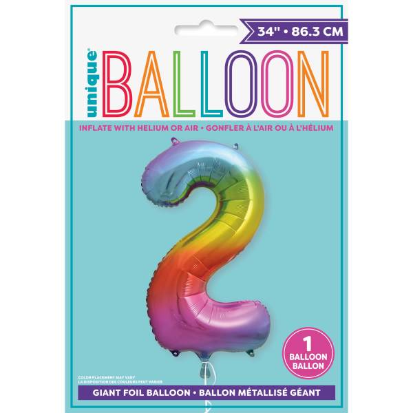 Rainbow Number 2 Shaped Foil Balloon 34", Packaged