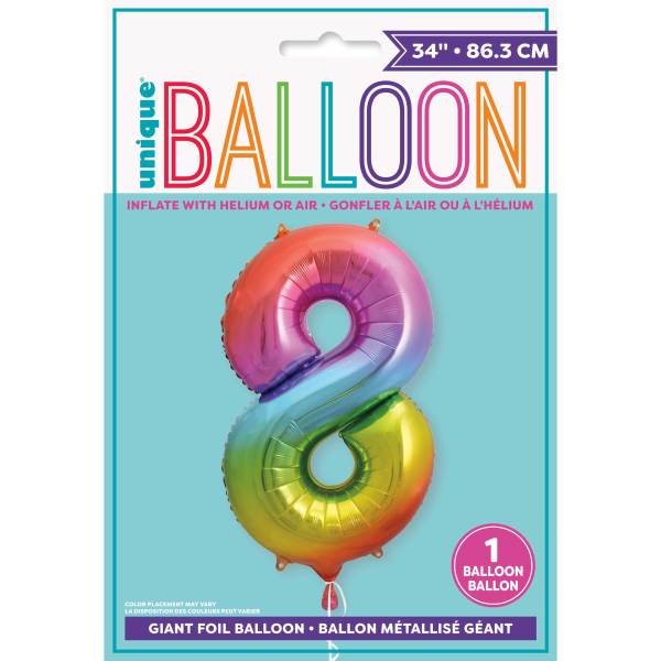 Rainbow Number 8 Shaped Foil Balloon 34", Packaged