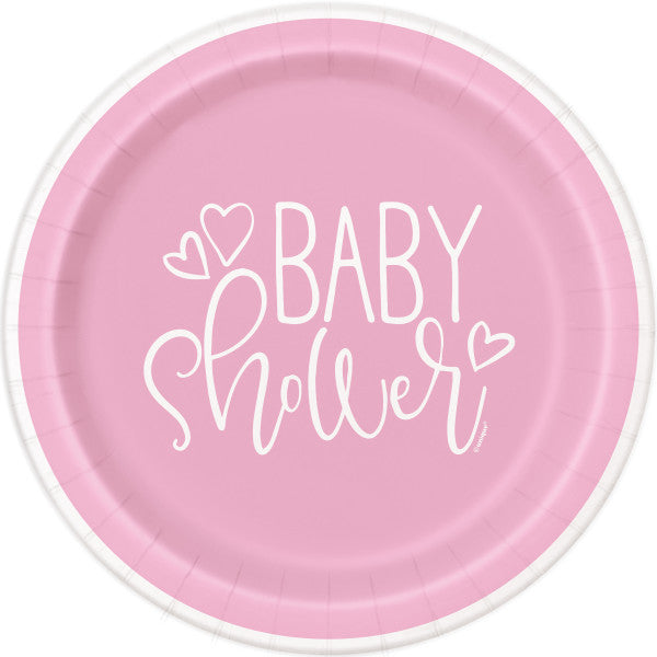 Pink Hearts Baby Shower Round 9" Dinner Plates, 8ct