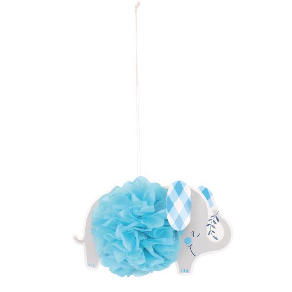 Blue Floral Elephant 9" Hanging Tissue Pom Pom Decorations, 3ct