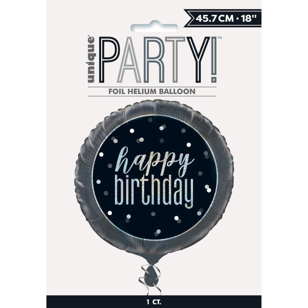 18" Glitz Black & Silver Round Foil Balloon Packaged "Happy Birthday"