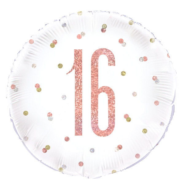 Birthday Rose Gold Glitz Number 16 Round Foil Balloon 18", Packaged