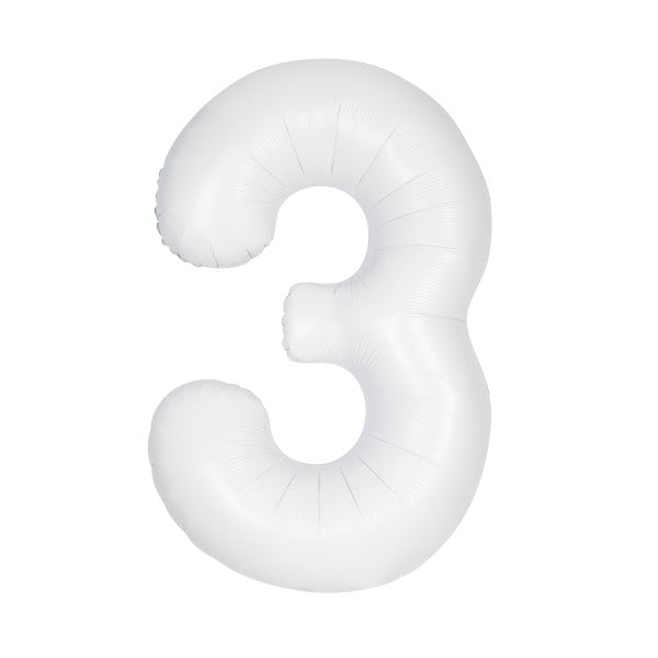 Matte White Number 3 Shaped Foil Balloon 34", Packaged