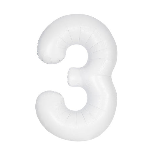 Matte White Number 3 Shaped Foil Balloon 34", Packaged