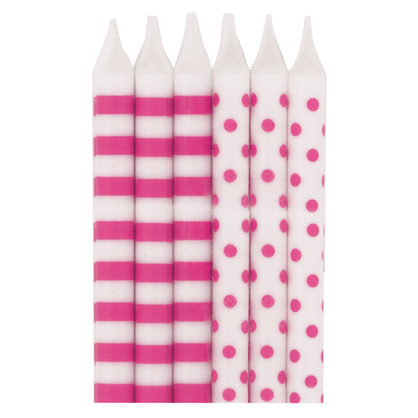 Hot Pink Stripes & Dots Birthday Candles, 12ct