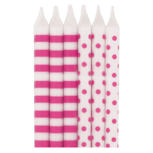 Hot Pink Stripes & Dots Birthday Candles, 12ct
