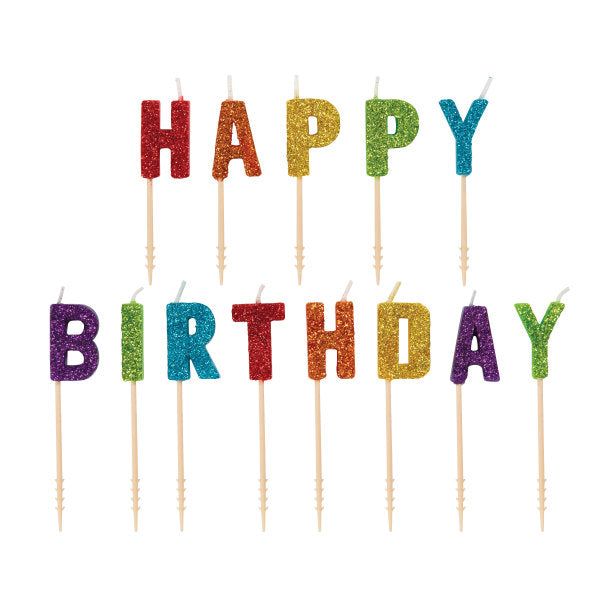 Rainbow Glitter "Happy Birthday" Letter Pick Birthday Candles, 13pc