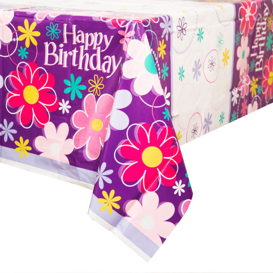 Birthday Blossoms Rectangular Plastic Table Cover, 54" x 84"