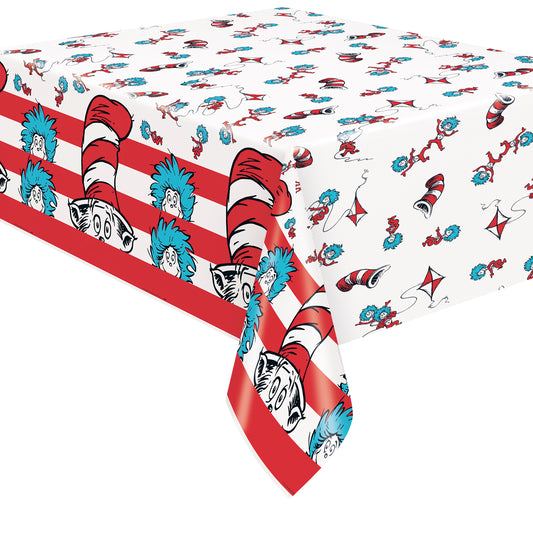 Cat in the Hat Rectangular Plastic Table Cover, 54" x 84" - Short Fold