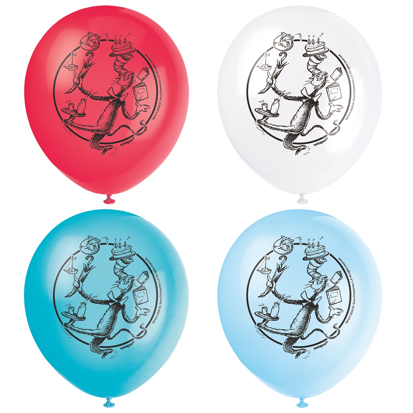 Cat in the Hat Assorted Color 12" Latex Balloons, 8ct