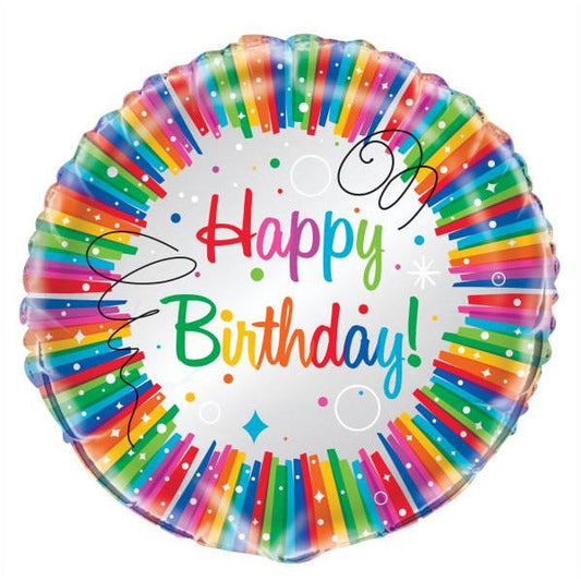 Rainbow Ribbons Birthday Round Foil Balloon 18", Bulk