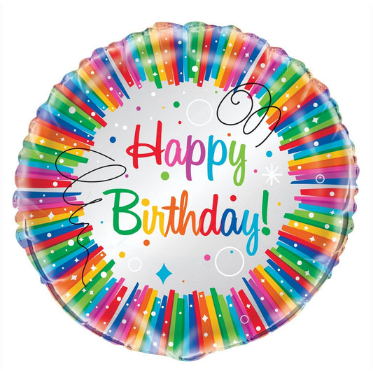 Rainbow Ribbons Birthday Round Foil Balloon 18", Packaged
