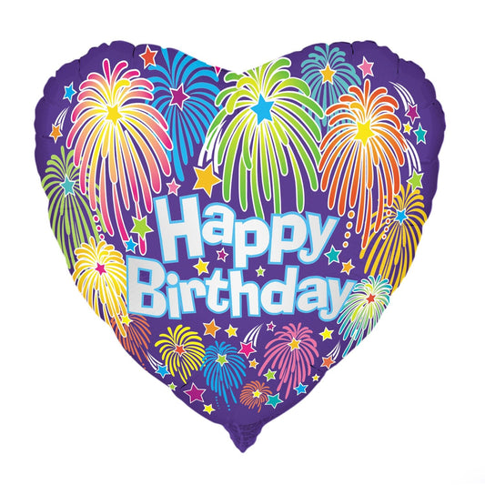 Heart Birthday Fireworks Round Foil Balloon 18", Packaged