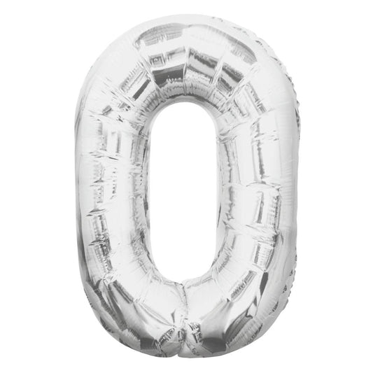 Silver Number 0 Shaped Foil Balloon 34", Packaged