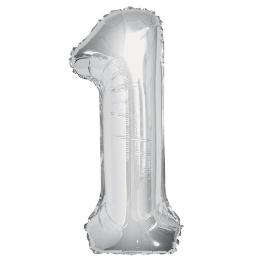 Silver Number 1 Shaped Foil Balloon 34", Packaged