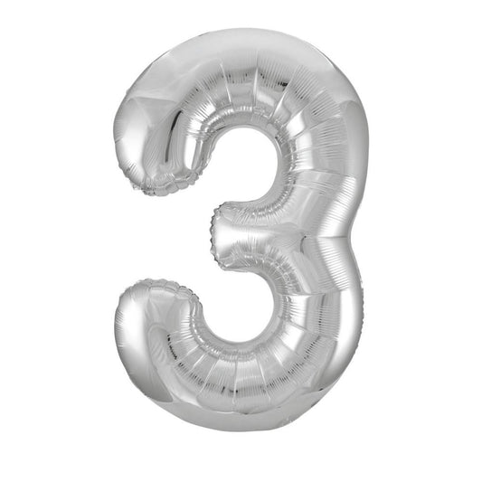Silver Number 3 Shaped Foil Balloon 34", Packaged