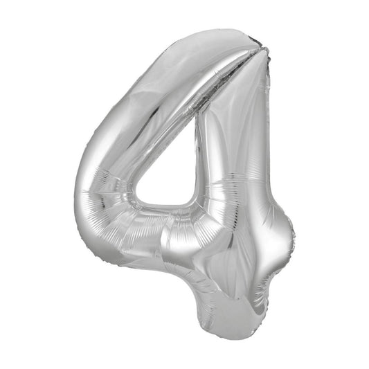 Silver Number 4 Shaped Foil Balloon 34", Packaged