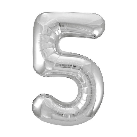 Silver Number 5 Shaped Foil Balloon 34", Packaged