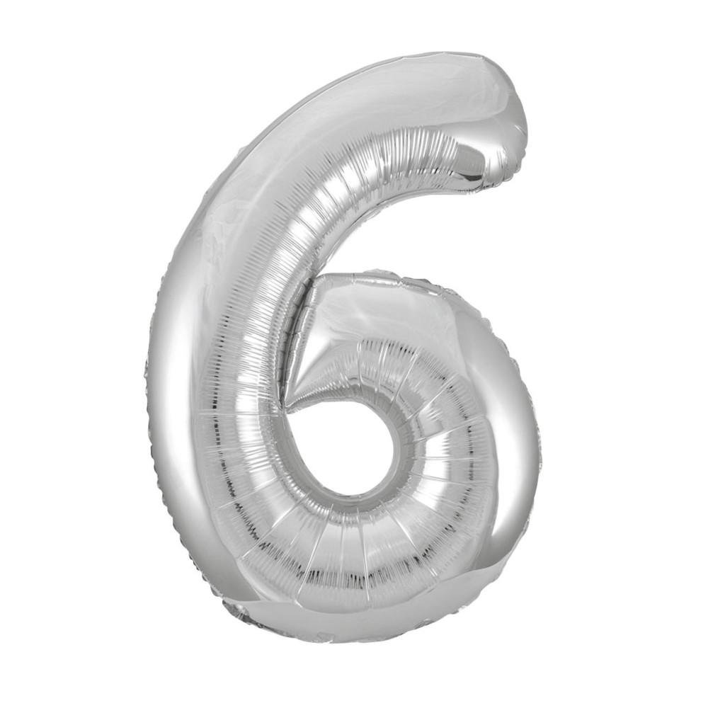 Silver Number 6 Shaped Foil Balloon 34", Packaged
