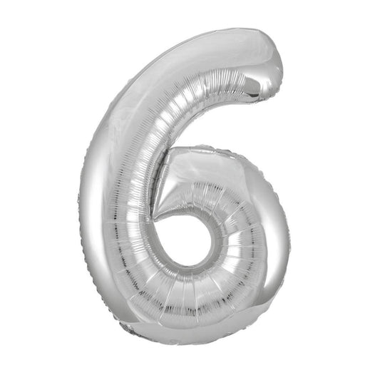 Silver Number 6 Shaped Foil Balloon 34", Packaged