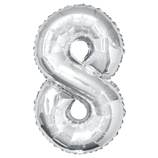 Silver Number 8 Shaped Foil Balloon 34", Packaged