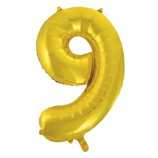 Gold Number 9 Shaped Foil Balloon 34", Packaged