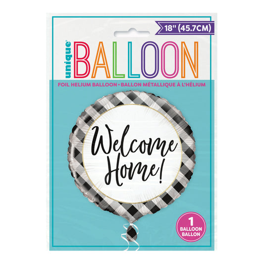 Black Gingham Welcome Home Round Foil Balloon 18", Package