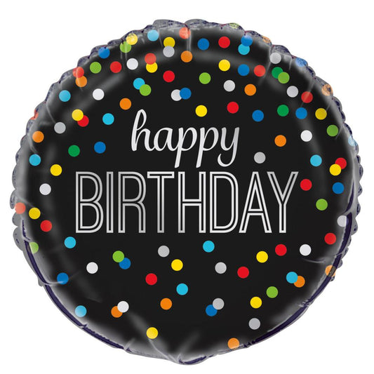 Black Rainbow Dot Happy Birthday Round Foil Balloon 18", Bulk