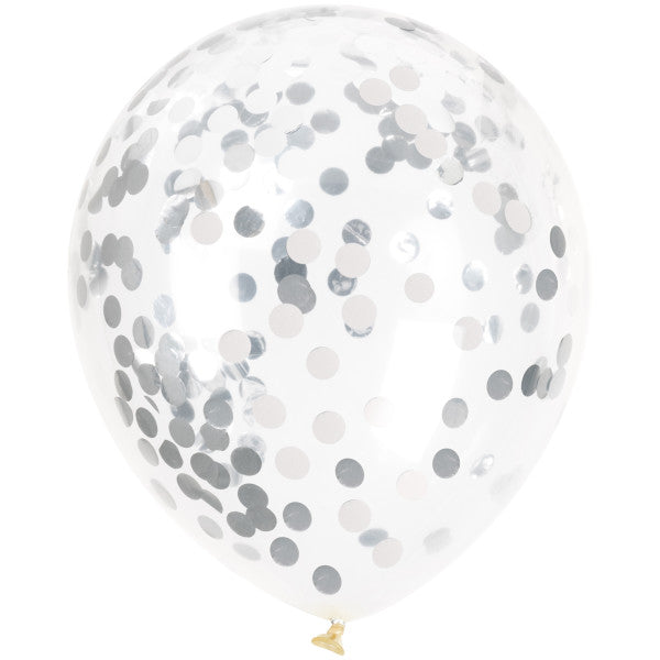Silver Foil Confetti Filled 12" Clear Latex Balloons, 6ct