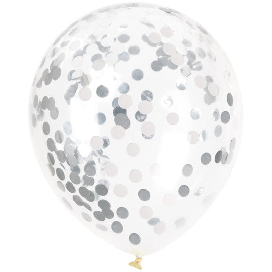 Silver Foil Confetti Filled 12" Clear Latex Balloons, 6ct