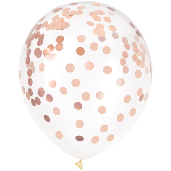 Rose Gold Foil Confetti Filled 12" Clear Latex Balloons, 6ct