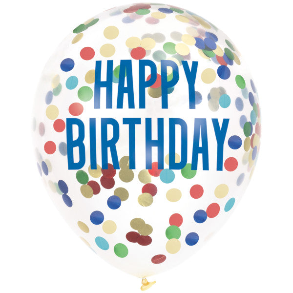 Multicolor Foil Confetti Filled "Happy Birthday" 12" Clear Latex Balloons, 6ct