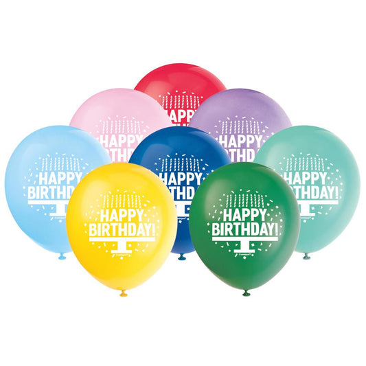 Primary Birthday Cake 12" Latex Balloons, 8ct