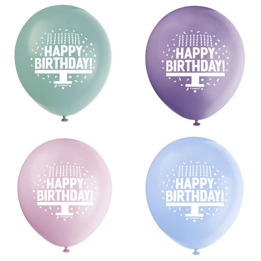 Pastel Birthday Cake 12" Latex Balloons, 8ct