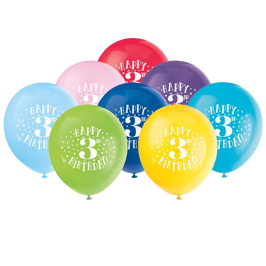 Fun Happy 3rd Birthday 12" Latex Balloons, 8ct