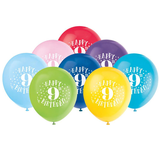 Fun Happy 9th Birthday 12" Latex Balloons, 8ct