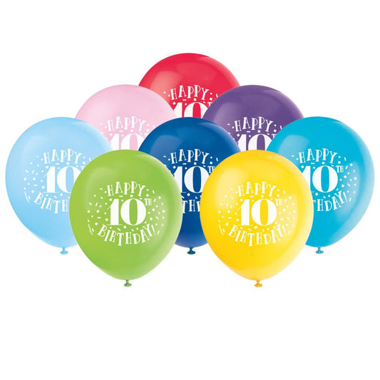 Fun Happy 10th Birthday 12" Latex Balloons, 8ct