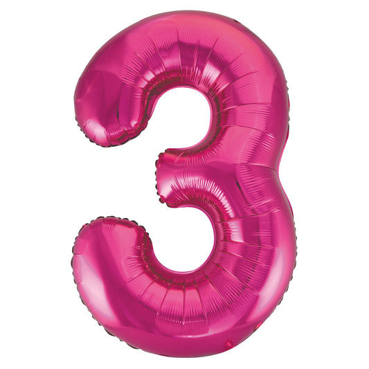 Hot Pink Number 3 Shaped Foil Balloon 34", Packaged