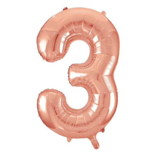 Rose Gold Number 3 Shaped Foil Balloon 34", Packaged