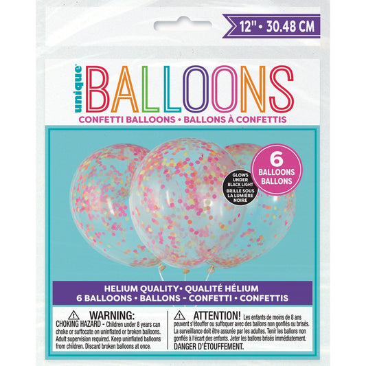 Clear Latex Balloons with Neon Confetti 12", 6ct - Pre-Filled