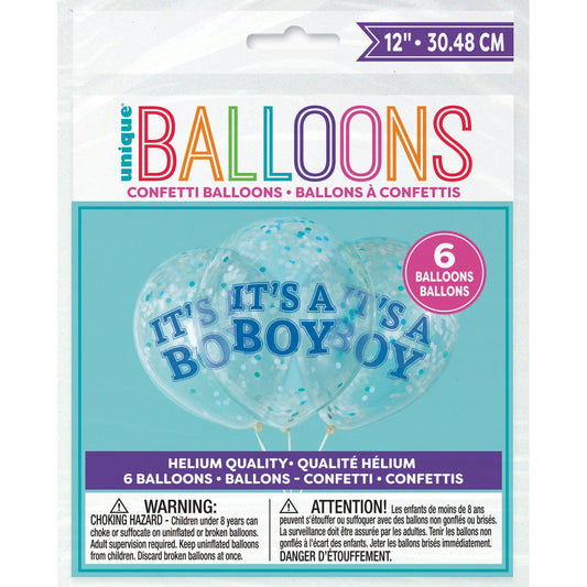 Boy Clear Latex Balloons with Blue Confetti 12", 6ct - Pre-Filled