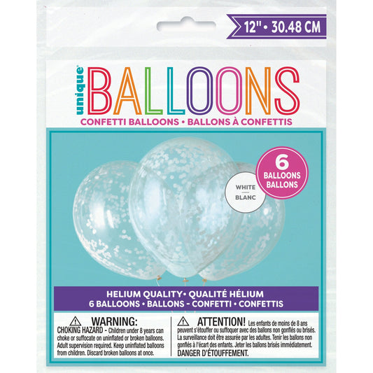Clear Latex Balloons with White Confetti 12", 6ct - Pre-Filled